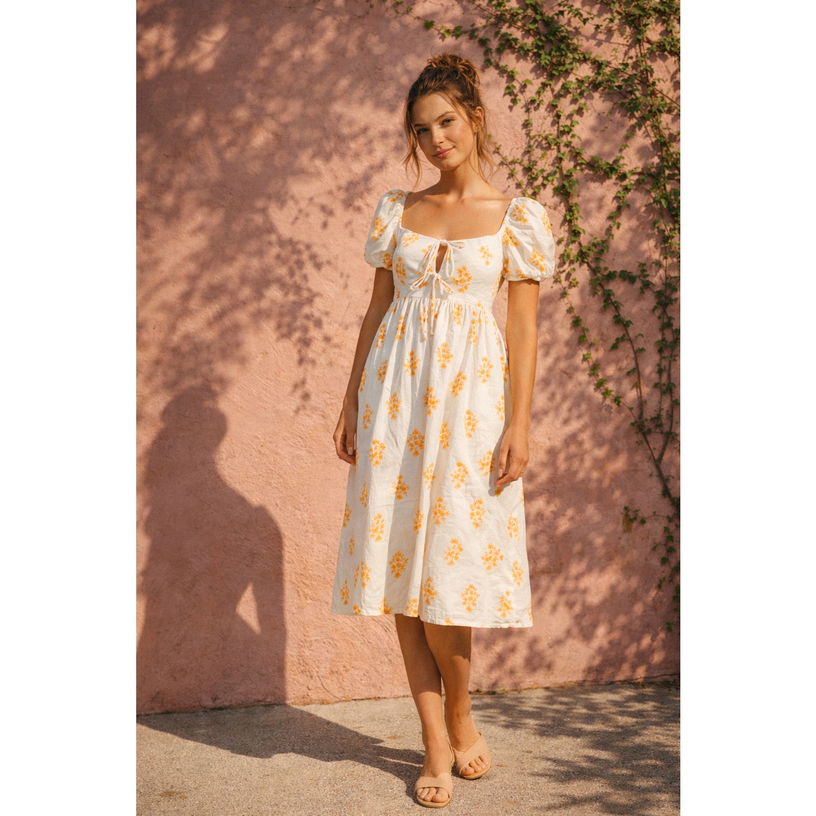 Ciao Lucia Alessia Xs Floral Puff Sleeve Empire Midi Dress Ivory Yellow Coquette